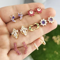 qmhje flower plant stud earrings for women moon crown small gold silver color crystal stone jewelry arete piercing clam clip on