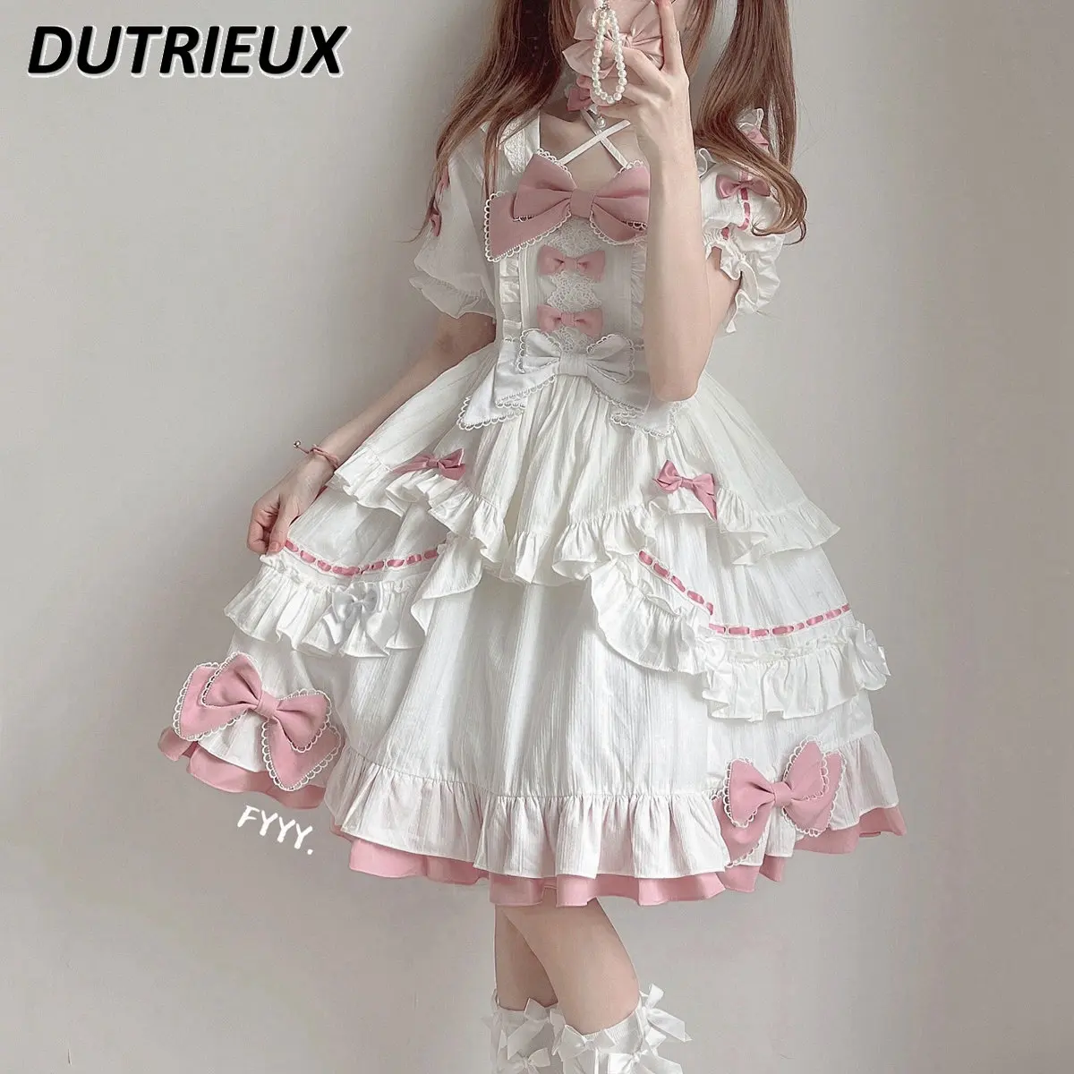 Original Sweet Cute Girls Short Sleeve Op Lolita Dress Women's Square Collar Slimming White Pink Bow Mid-length Dresses