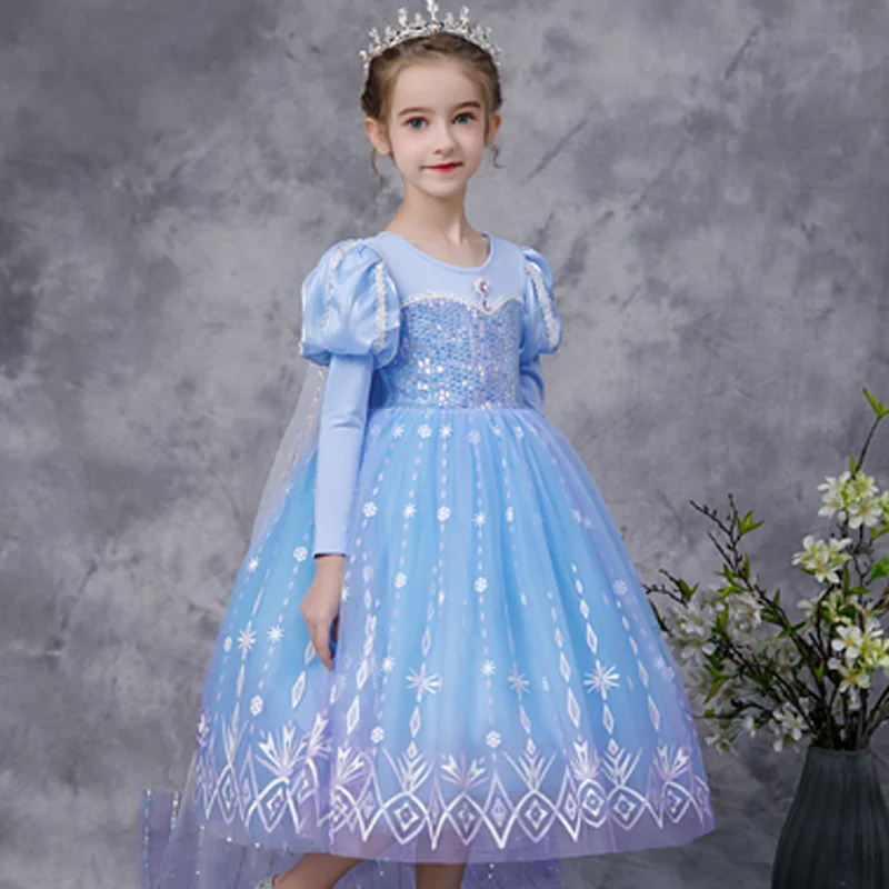 

Kids Halloween Cosplay Skirt Girls Frozen Elsa Princess Gauze Dress Puff-sleeve Sequins Dress Blue Long-sleeve Dress With Cloak