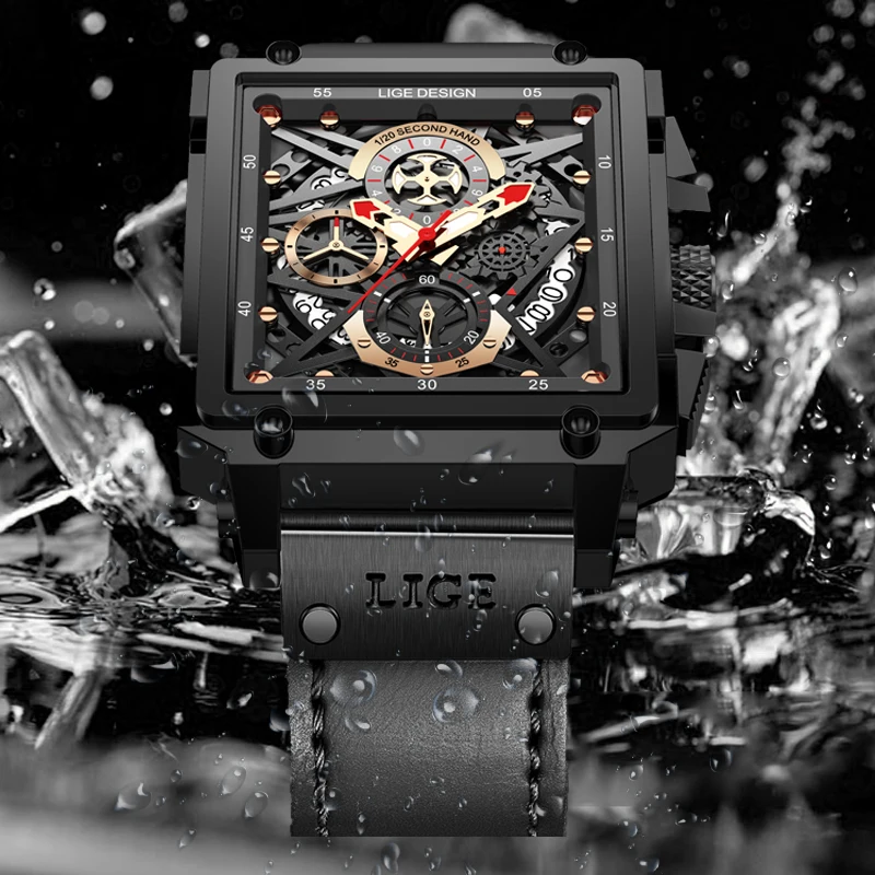 

Men Watch LIGE Luxury Square Leather Belt Quartz Wristwatch Waterproof Stopwatch Watch For Men Sport Clock Relogio Masculino+Box