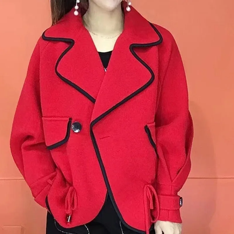 Женская двухсторонняя короткая куртка свободная шерстяная с длинным рукавом и