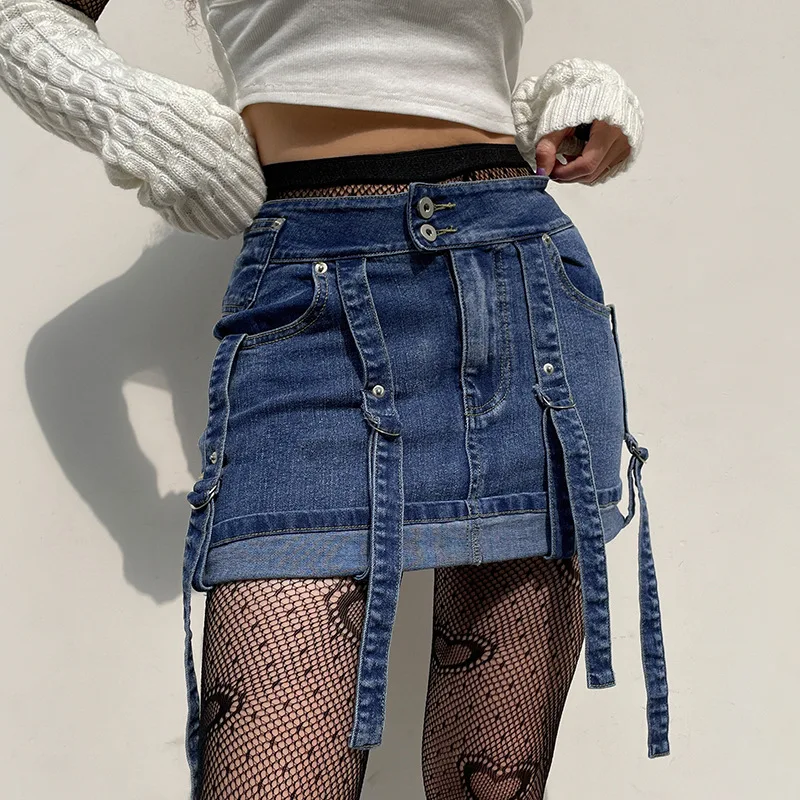 

Blue Denim Mini Skirt Y2k Fashion Personality Ribbon Crimping Short Skirt 2022 Summer Women Vintage High Waist Cargo Jeans Skirt