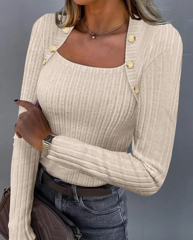

Slim Y2K Clothing Fashion Woman Blouse 2023 AutumnKnit Cropped tops Versatile Button Long Sleeve Ribbon Simple Daily Top Stitch