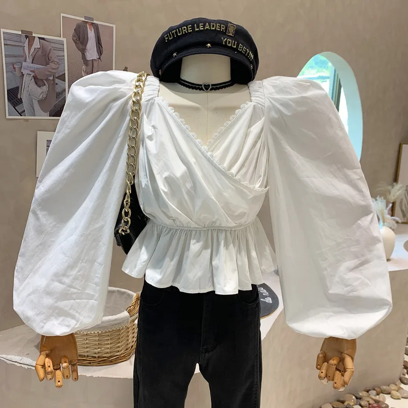 

Niche Design New In Women's Clothing 2023 Spring Short Top square-neck Patchwork Lace Puff Long Sleeve Shirt Blouse