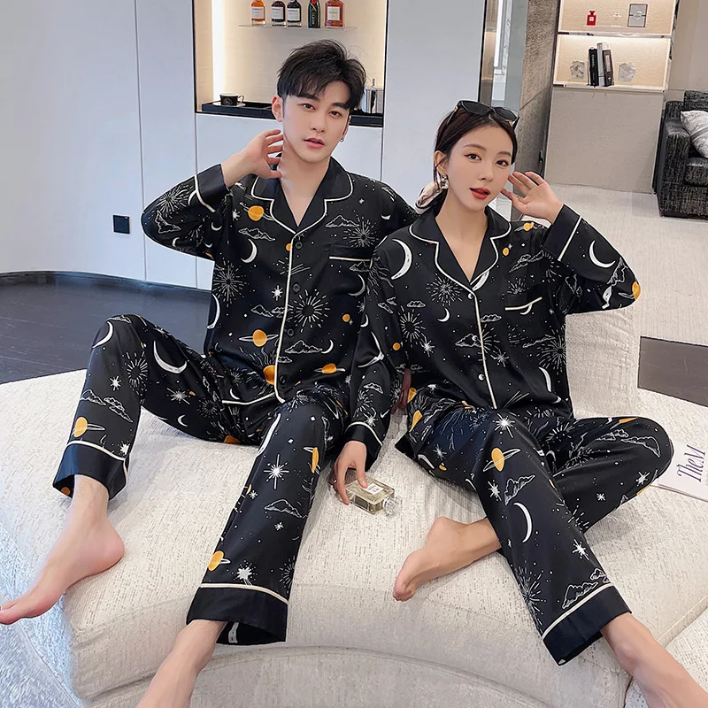 

Jxgarb Ice Silk Couples Pajamas Sets Women Men New 2023 Spring Lovers Sleepwear Lounge Sets High Quality Night Pyjamas