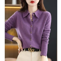 womens wool knit cardigan jacket loose polo collar sweater outer solid color button knit shirt pullover french 2022 new spring