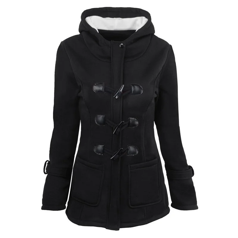 Autumn Winter Thick Hooded Jacket Parkas Women Single Breasted Horn Button Warm Coats Solid Color Pocket Casual Commute Outwears