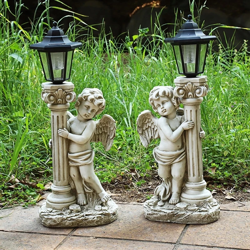 

49cm Antique Angel Sculpture Courtyard Furnishings Indoor and Outdoor Solar Street Lamp Garden Landscape Decoration Resin Craft