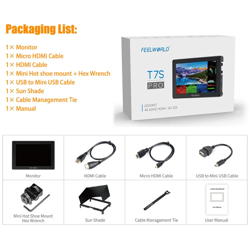 FEELWORLD T7S PRO 7-дюймовый 3G SDI 2000NIT полевой монитор для камеры с ультравысокой яркостью, 4K HDMI 60 Гц, 1920x1200 пикселей (art.: 3920db456cb2b) - 3920db456cb2b