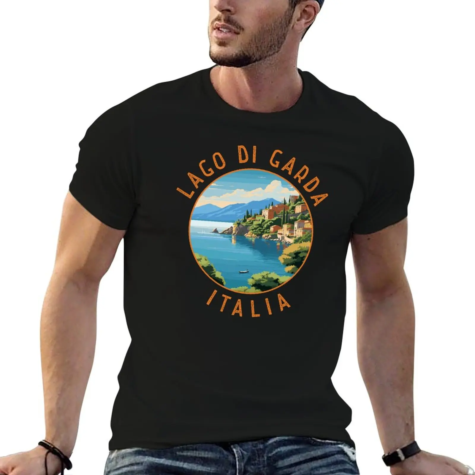 Фото Футболка Lago di Garda Italia в стиле ретро с эффектом потертости, мужская повседневная футболка, хлопковая забавная мужская футболка, летняя футболка №1