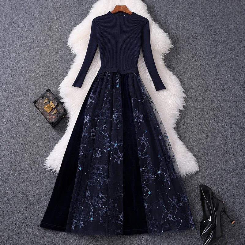 

2023 Spring Women's Clothes New Long Sleeve Dress Half Turtleneck Knitted Stitching XINGX Mesh Long Dress Black Skirt