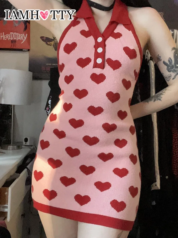 

IAMHOTTY Heart Print Knitted Mini Dress Y2K Neck-mounted Sleeveless Backless Coquette Short Dresses Party Holiday Streetwear New