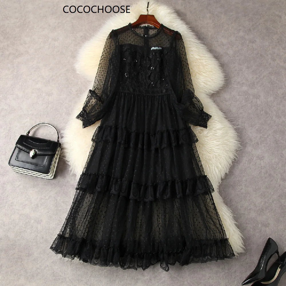 

Lace Ruffles Women Dress Spring Summer 2022 Fashion Transparent See Through Lantern Sleeve Polka Dot Mesh Sexy Black Dress Beige