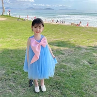 baby girl sleeveless dress 2022 summer girls hit color pink big bow blue gauze skirt vest skirt