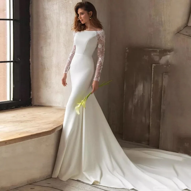 

Long-sleeved Wedding Dress 2022 New Simple and Elegant U-neck Slim-fit Fishtail Travel Shoot Small Trailing Soft Yarn Thin