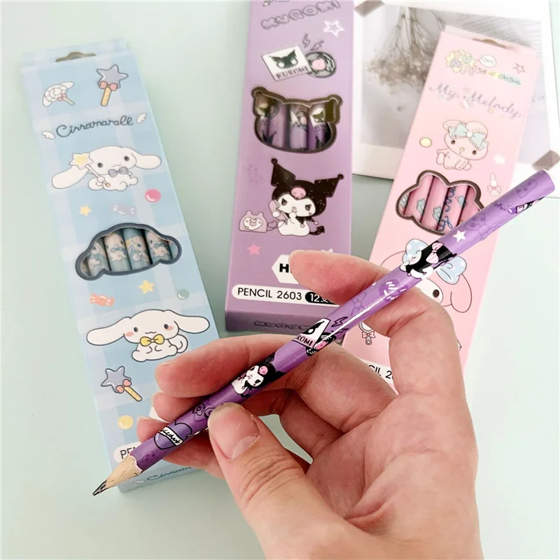 

Карандаш Sanrio, 12 шт./комплект, Kuromi Mymelody Cinnamorol, мультяшный деревянный карандаш для студентов, Обучающие канцелярские принадлежности для письма и рисования