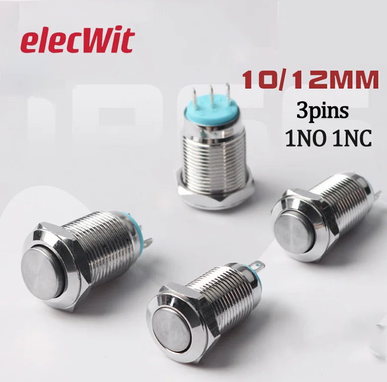 

Металлический кнопочный переключатель 10 мм, 12 мм, 3 контакта, мгновенная фиксация, водонепроницаемая и огнестойкая, Высокая плоская, круглая, никелированная латунь