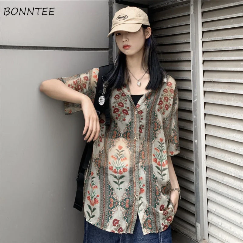 

Vintage Shirts Women Aesthetics Baggy Classical Print Streetwear Temper Y2k Clothes Harajuku Teens Personal Рубашки French Chic