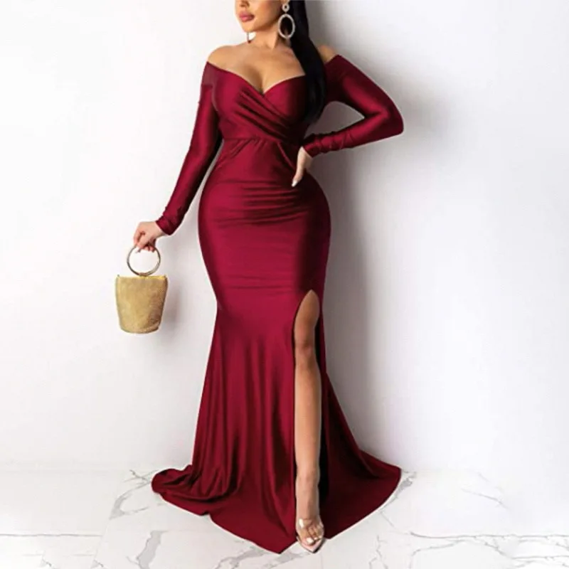 PLEINDI Luxurious Evening Dresses V-Neck Mermaid Long Sleeves Floor-Length Chiffon 2022 New of Exquisite Ruched Prom Wome Dress