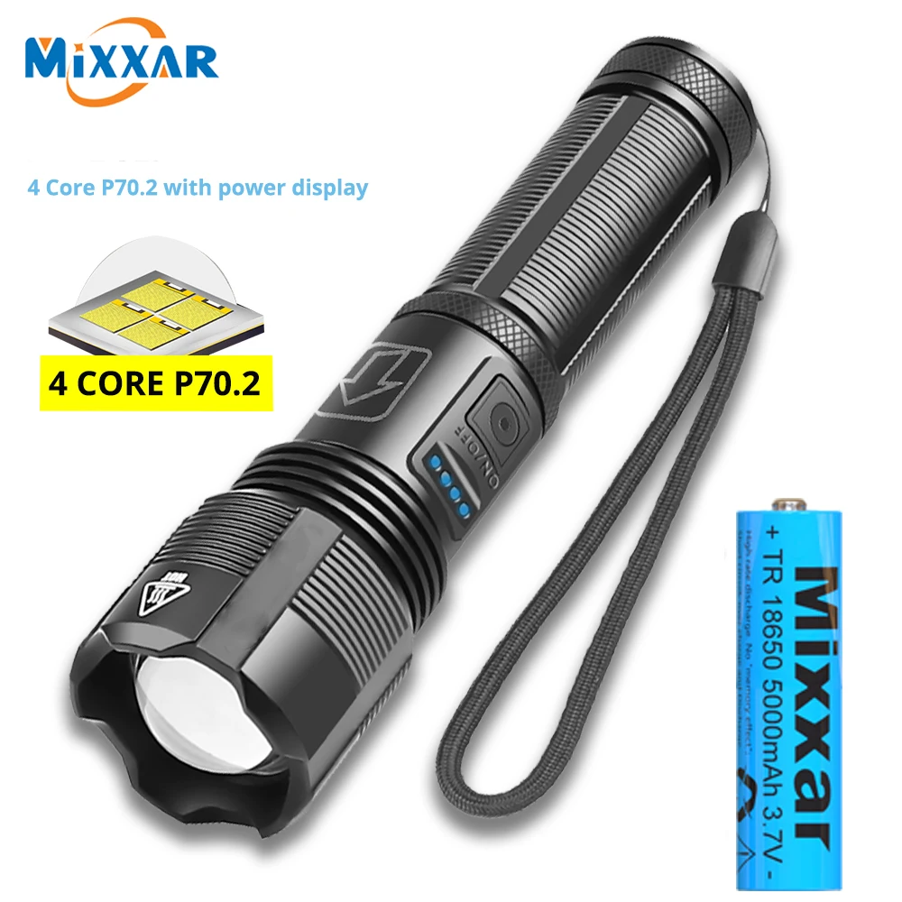 ZK20 Super Bright 4 Core P70.2 LED Flashlight with Battery Display 5 Lighting Modes for Adventure, Hiking, Camping, Hunting, etc