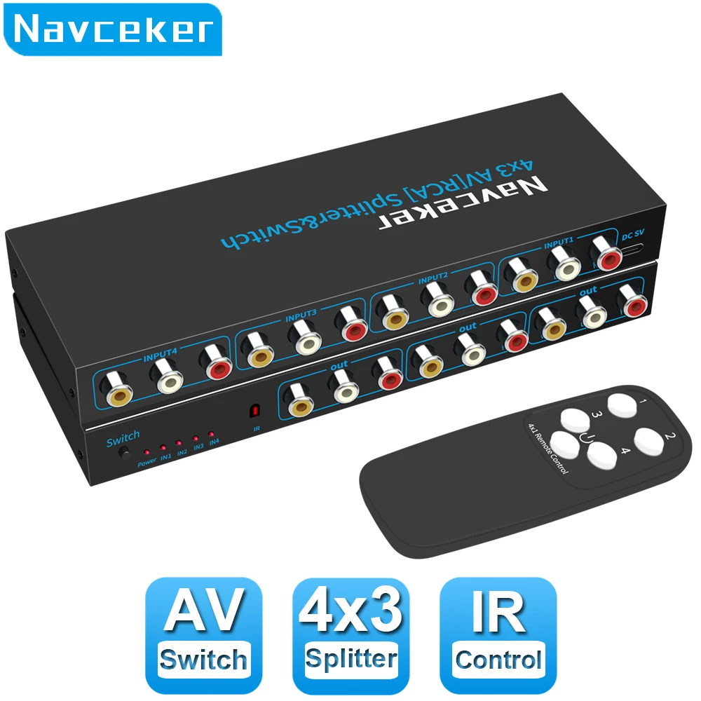 Переключатель Navceker RCA AV, сплиттер 4 в 3 выхода, композитный аудио и видео сигнал для HDTV, LCD, DVD, 3 RCA, переключатель 4 в 1