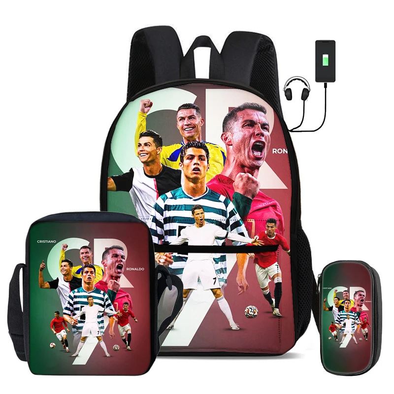 Фото Набор школьных сумок Ronaldo из 3 предметов: рюкзак с USB-интерфейсом, сумка через плечо CR Football Star, спортивная сумка для карандашей, детский рюкзак №5