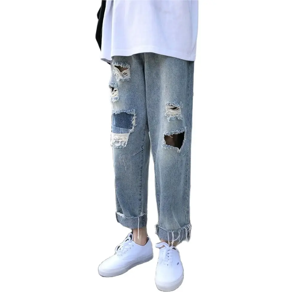 

Wholesale Ripped Patch Jeans Men's Brand Ankle Length Beggar Pants Loose Straight Hong Kong Style Bad Feet Wide Leg Denim Pants