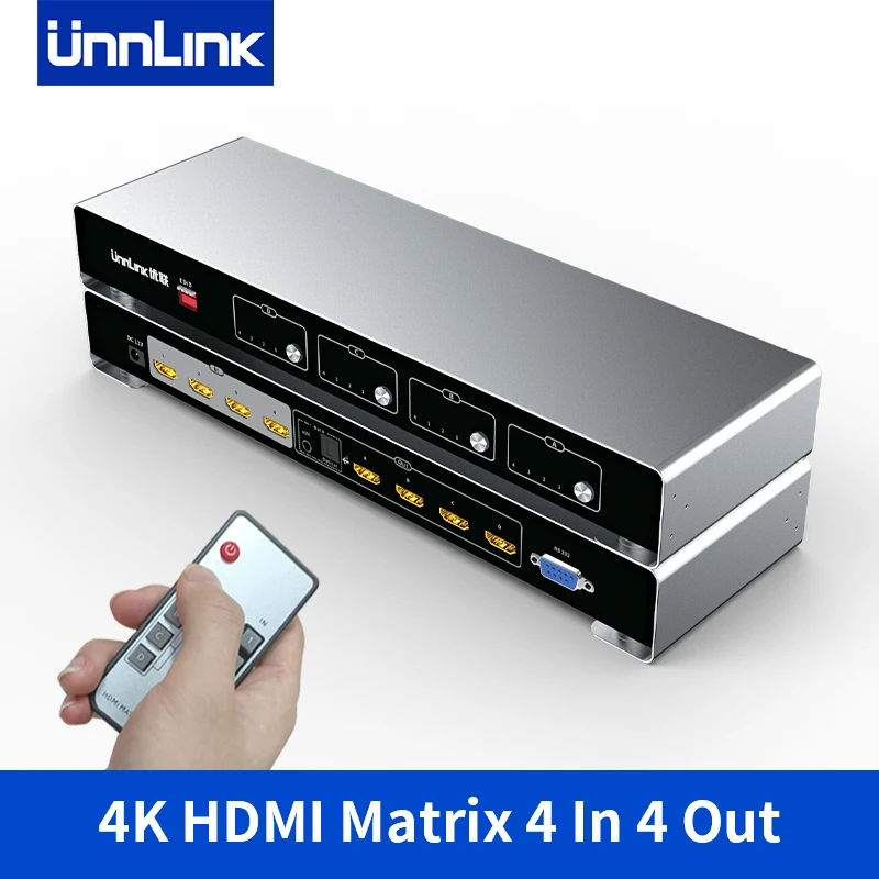 

Unnlink 4K HDMI Matrix 4x4 Video HDMI Switch Splitter 4 In 4 Out Remoter RS232 Control with Optical 3.5mm Audio Extractor