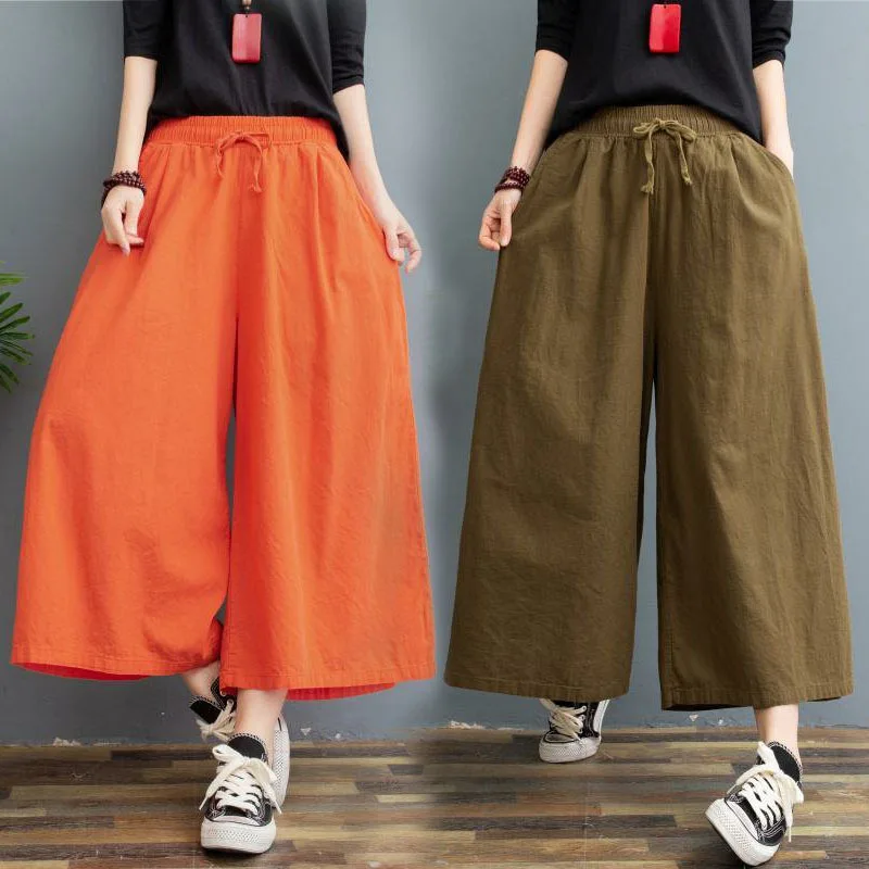 Cotton Linen Pants Women Spring High Waist Calf-Length Wide Leg Pants Casual Summer Trousers Women's Pants Streetwear