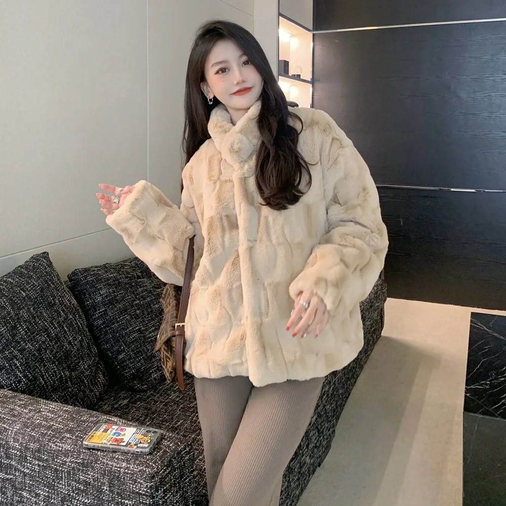 2022 Women Autumn Winter New Faux Rabbit Fur Plush Coats Female Stand Collar Short Jackets Ladies Thick Warm Loose Overcoat U445