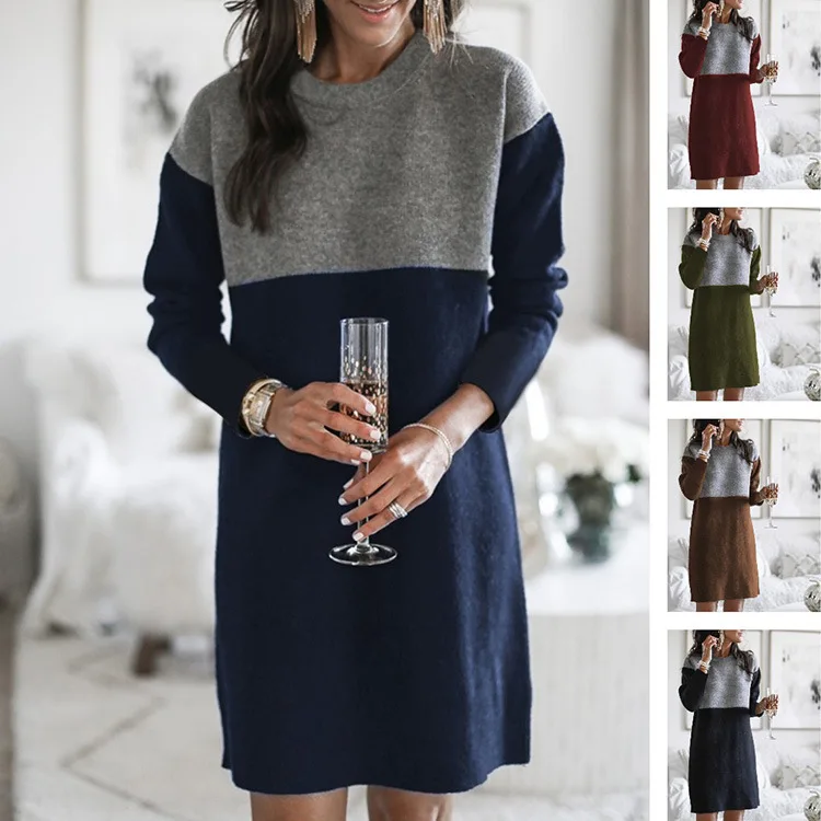 

Plus-size 2020 new autumn wear over patchwork long hoodie women's net red wool hoodie dress