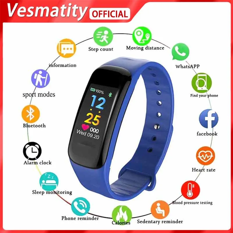 

Vesmatity C1plus Smart Bracelet Color Sports Bracelet Pedometer Heart Rate Blood Pressure Call Message Reminder Smartwatch