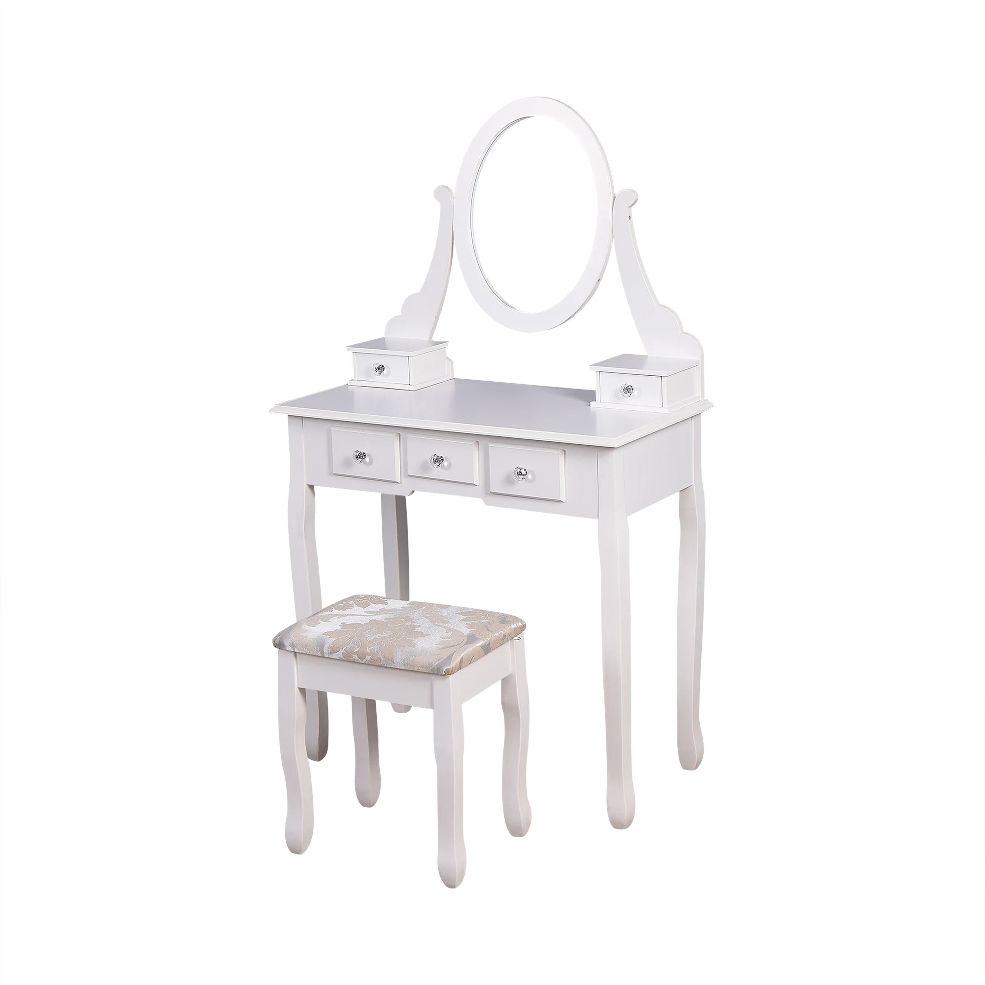 Furniture Bedroom Makeup Vanity Set, Wooden Dressing Table with 360 Rotating Mirror and Cushioned Stool, White