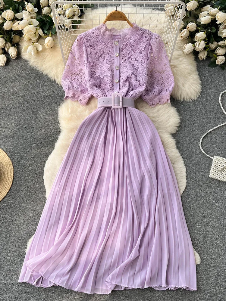 

Женское длинное ажурное платье, Элегантное однобортное Плиссированное Платье макси с вышивкой и коротким пышным рукавом, лето