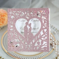 10 pieceslot pink glitter laser wedding invitation card lovers in heart postcard bridal shower engagement invitations ic054