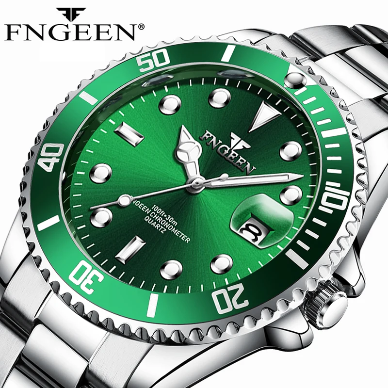 

FNGEEN Green Water Ghost Fashion Casual Quartz Watch Top Brand Men's Watches Stainless Steel Luminous Waterproof Simple Clock