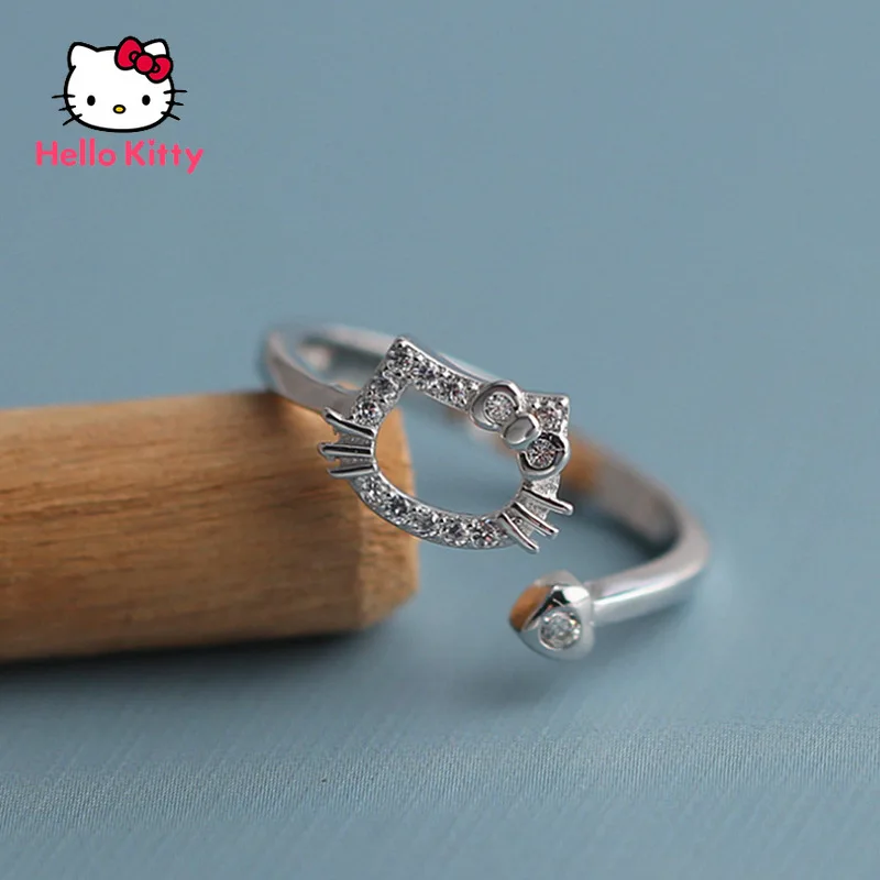 

Hello Kitty Ring Cartoon Cutout Diamond Opening Unisex Couple Ring Cute Cat Minimalist Adjustable Jewelry Gift for Girlfriend