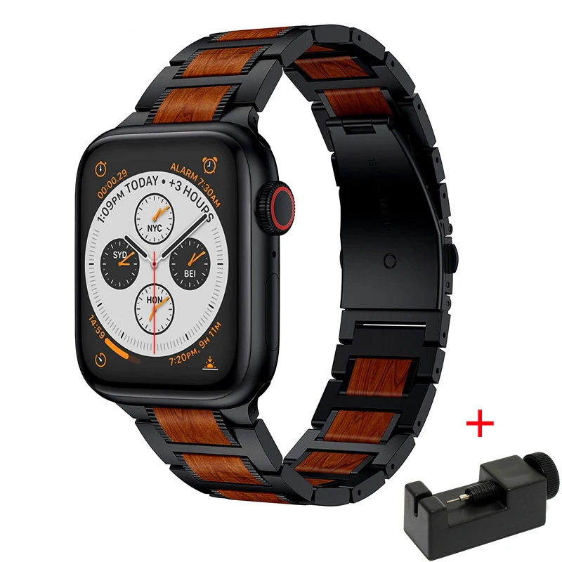 Wooden Red Sandalwood strap for Apple watch UItra 8 7 band 49mm 45mm 41mm iWatch 6 5 4 3 44mm 40mm Stainless Steel Link Bracelet