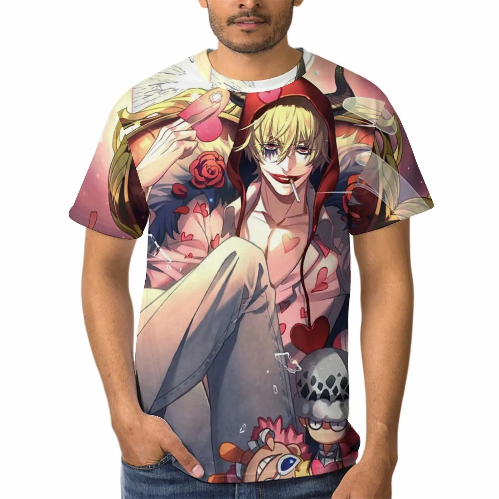 

Bandai Donquixote Rosinante T-Shirts One Piece Pure Polyester T-Shirt Short Sleeves Printed Streetwear Clothing for Men Tshirt