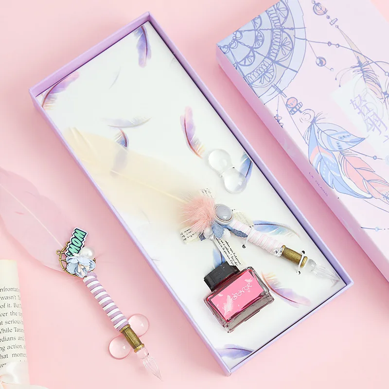 

Ручка из стекла ручной работы, Изысканная ручка с перьями, набор водных ручек, подарок на день рождения