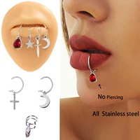 1pcs stainless steel fake lip piercing septum nose ring moon cross star shape non pierced body jewelry labret fake lip rings y2k