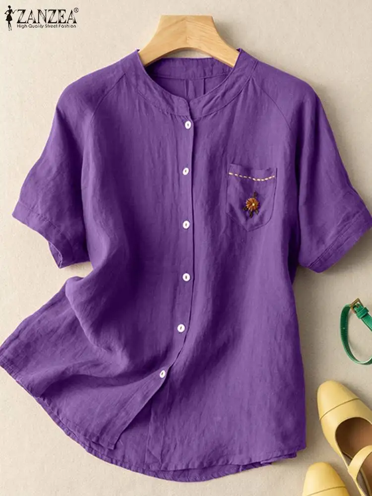 

Блузка ZANZEA Женская однотонная с вышивкой, модная повседневная Элегантная туника с круглым вырезом и коротким рукавом, свободная рубашка дл...
