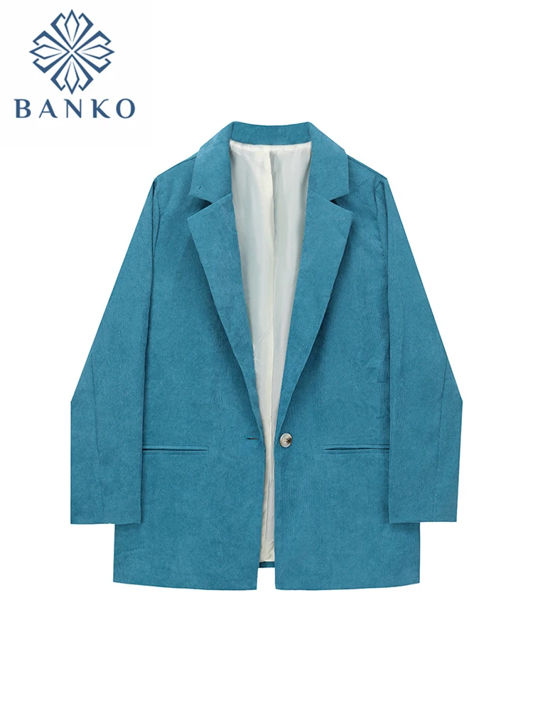 

Vintage Blue Color Women Autumn Lapel Baggy Long Sleeve Blazer Jacket BF Style Female Suit Coat Oversize Simple Harajuku Basic