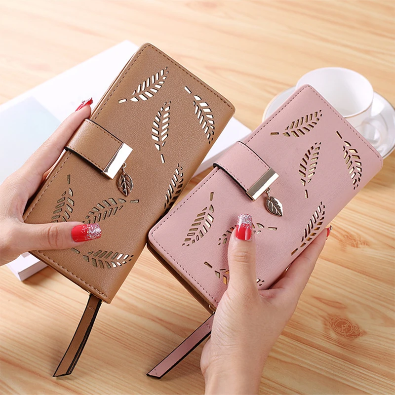 

Женский кошелек из искусственной кожи, Дамский удлиненный бумажник с золотыми листьями, сумочка для мелочи, кредитница, клатч