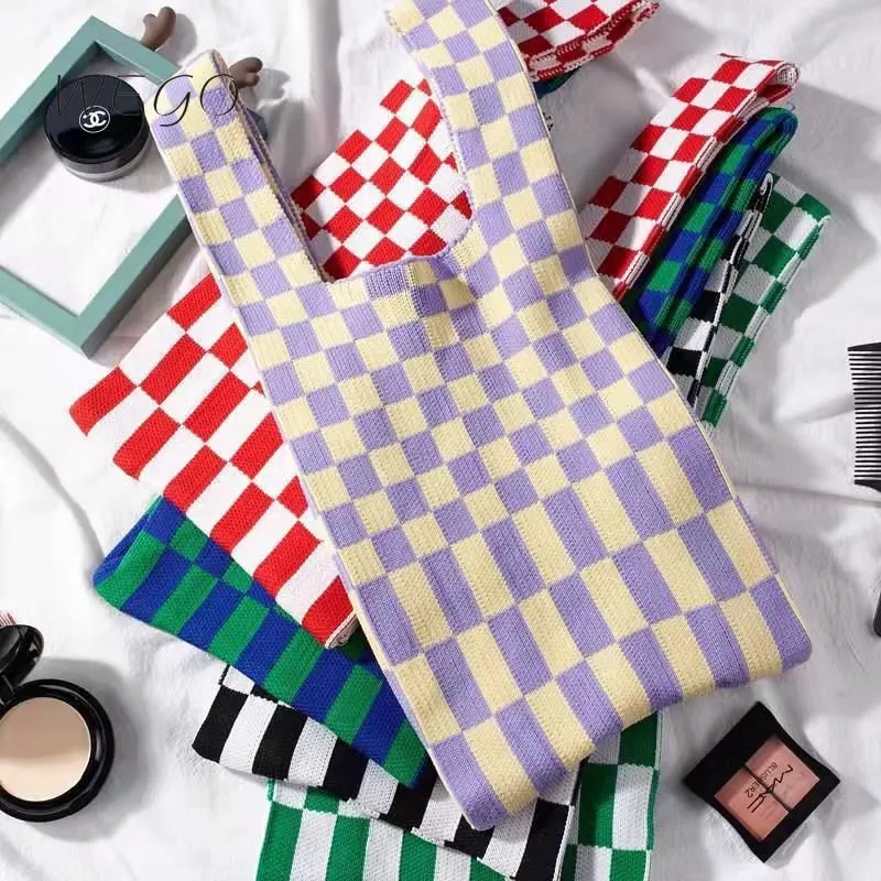 

Winter New Design Checkerboard Contrast Color Knitted Shoulder Tote Bag Woven Tote Bag Shoulder Underarm Bag Women