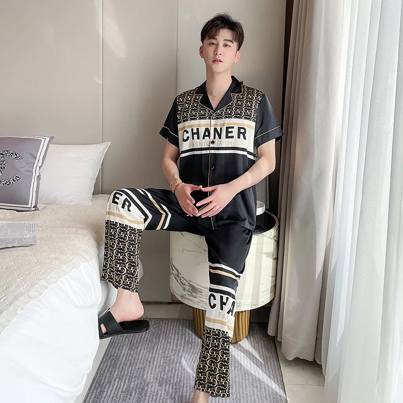 2022 couple pajamas for men and women spring and summer letter printing ice silk imitation silk thin sweet homewear suit