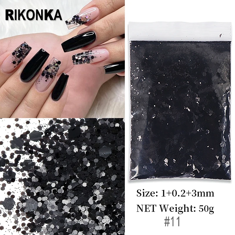 

50g White Black Chunky Glitter Mixed Bulk Hexagon Mirror Mermaids Nail Sequins Chrome Powder DIY French Charms Nails Accessories
