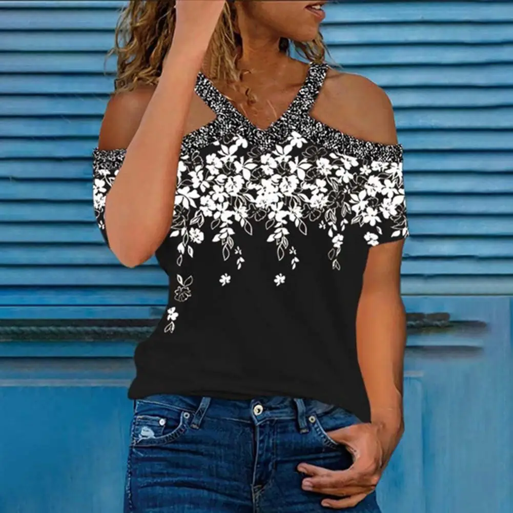 

Женская блузка с цветочным принтом, Весенняя футболка с открытыми плечами и вырезом, Женский Повседневный пуловер с коротким рукавом и выре...
