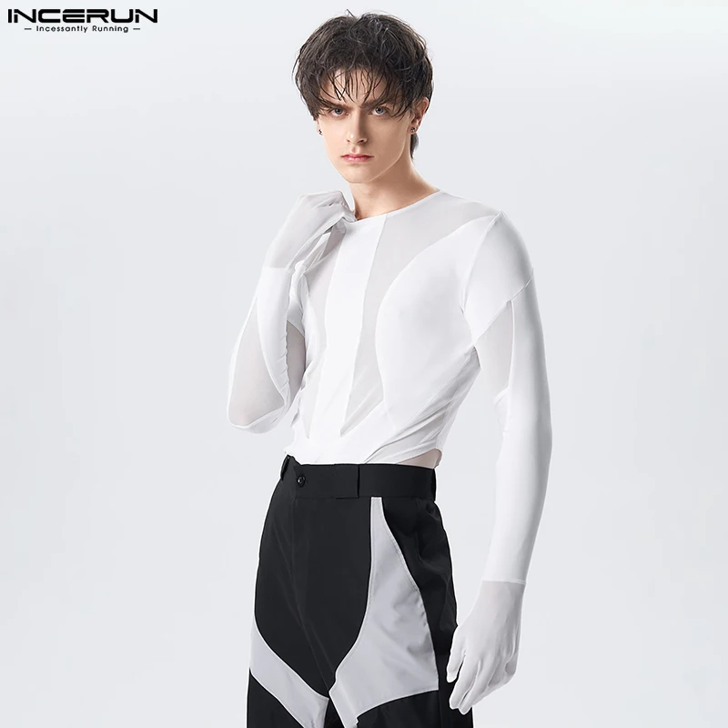 

Homewear New Mens Structural Splicing Design Bodysuits Sexy Fashion Male See-through Thimble Triangle Rompers S-5XL INCERUN 2023