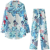 2022 woman suits traf outfits female summer thin style printed loose shirt ankle length pants casual 2 piece sets